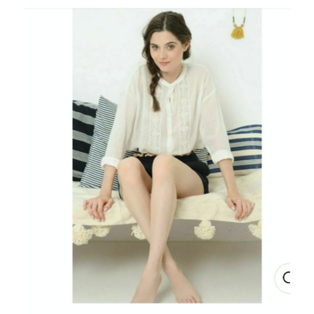 Des Petits Hauts Idalou Peasant Blouse White Sheer Cotton Lace Panel Insets SZ M